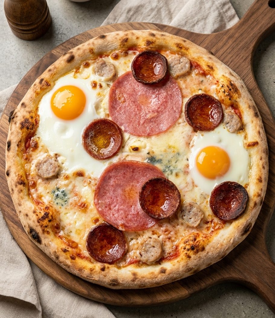 Pizza aus dem Steinofen mit frischem Belag